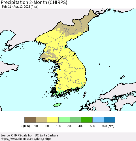 Korea Precipitation 2-Month (CHIRPS) Thematic Map For 2/11/2023 - 4/10/2023