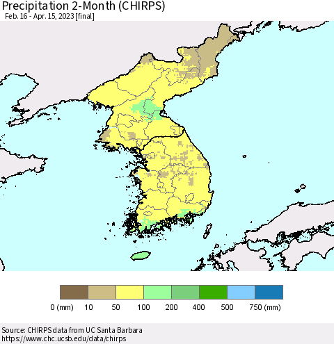 Korea Precipitation 2-Month (CHIRPS) Thematic Map For 2/16/2023 - 4/15/2023