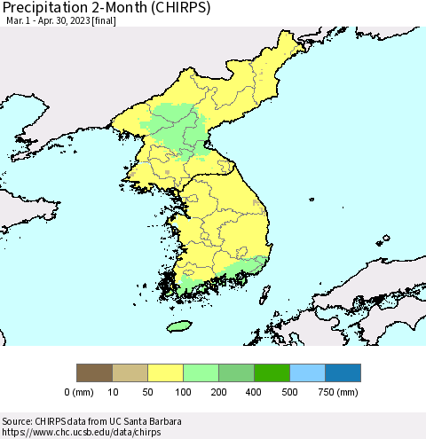 Korea Precipitation 2-Month (CHIRPS) Thematic Map For 3/1/2023 - 4/30/2023