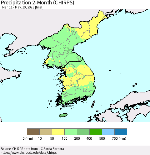 Korea Precipitation 2-Month (CHIRPS) Thematic Map For 3/11/2023 - 5/10/2023