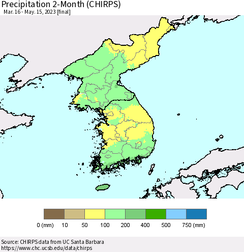 Korea Precipitation 2-Month (CHIRPS) Thematic Map For 3/16/2023 - 5/15/2023