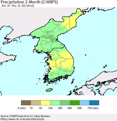 Korea Precipitation 2-Month (CHIRPS) Thematic Map For 3/26/2023 - 5/25/2023