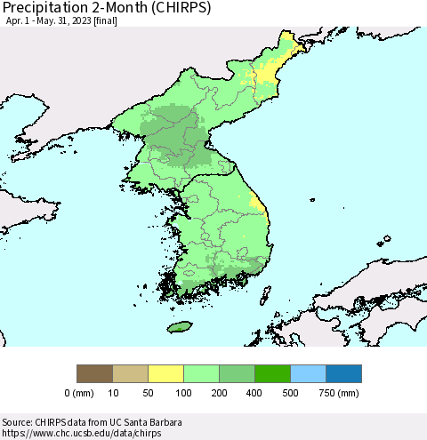 Korea Precipitation 2-Month (CHIRPS) Thematic Map For 4/1/2023 - 5/31/2023