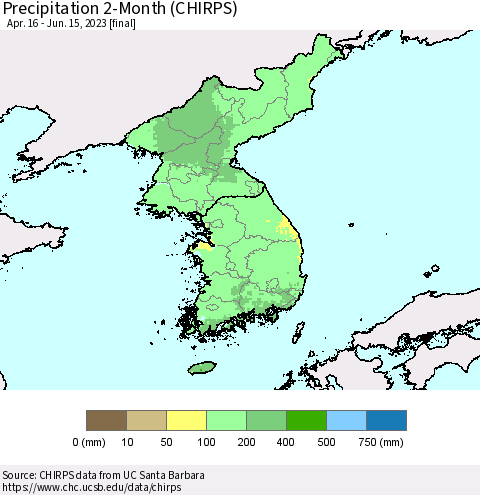 Korea Precipitation 2-Month (CHIRPS) Thematic Map For 4/16/2023 - 6/15/2023