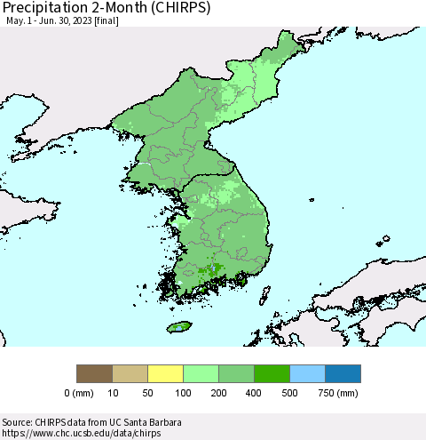 Korea Precipitation 2-Month (CHIRPS) Thematic Map For 5/1/2023 - 6/30/2023