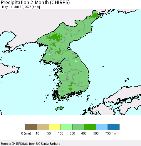 Korea Precipitation 2-Month (CHIRPS) Thematic Map For 5/11/2023 - 7/10/2023