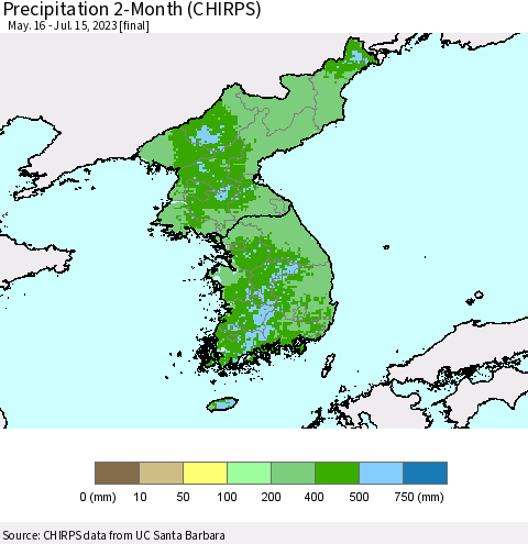 Korea Precipitation 2-Month (CHIRPS) Thematic Map For 5/16/2023 - 7/15/2023