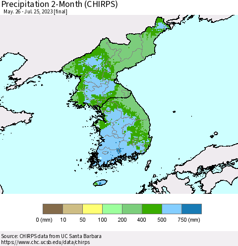 Korea Precipitation 2-Month (CHIRPS) Thematic Map For 5/26/2023 - 7/25/2023