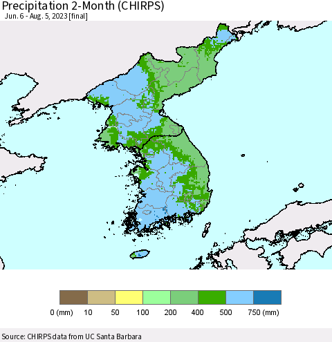 Korea Precipitation 2-Month (CHIRPS) Thematic Map For 6/6/2023 - 8/5/2023