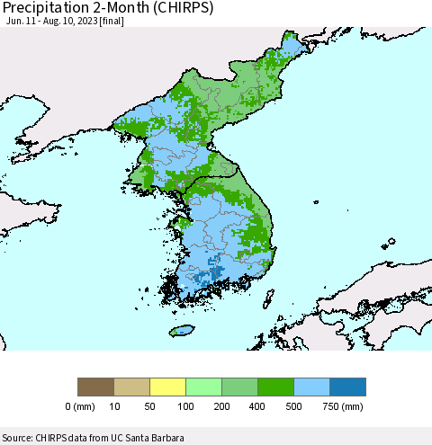 Korea Precipitation 2-Month (CHIRPS) Thematic Map For 6/11/2023 - 8/10/2023