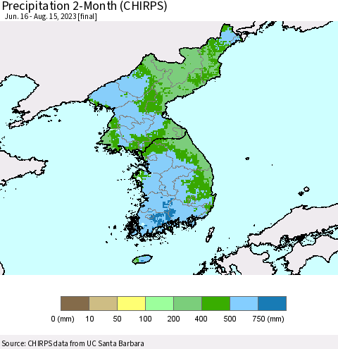 Korea Precipitation 2-Month (CHIRPS) Thematic Map For 6/16/2023 - 8/15/2023