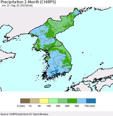 Korea Precipitation 2-Month (CHIRPS) Thematic Map For 6/21/2023 - 8/20/2023