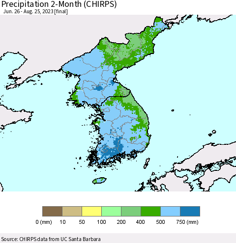Korea Precipitation 2-Month (CHIRPS) Thematic Map For 6/26/2023 - 8/25/2023