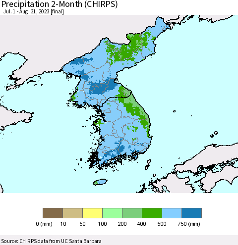 Korea Precipitation 2-Month (CHIRPS) Thematic Map For 7/1/2023 - 8/31/2023