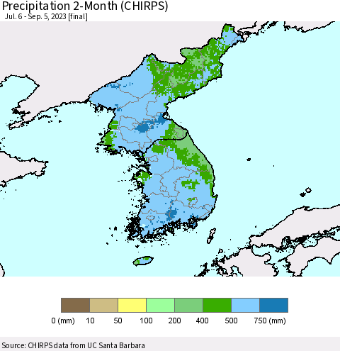 Korea Precipitation 2-Month (CHIRPS) Thematic Map For 7/6/2023 - 9/5/2023