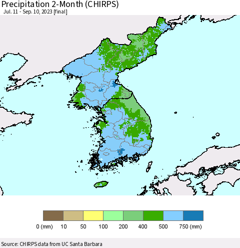 Korea Precipitation 2-Month (CHIRPS) Thematic Map For 7/11/2023 - 9/10/2023