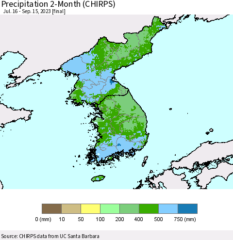 Korea Precipitation 2-Month (CHIRPS) Thematic Map For 7/16/2023 - 9/15/2023
