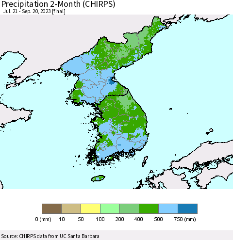 Korea Precipitation 2-Month (CHIRPS) Thematic Map For 7/21/2023 - 9/20/2023