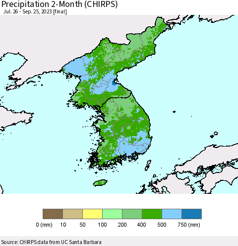 Korea Precipitation 2-Month (CHIRPS) Thematic Map For 7/26/2023 - 9/25/2023