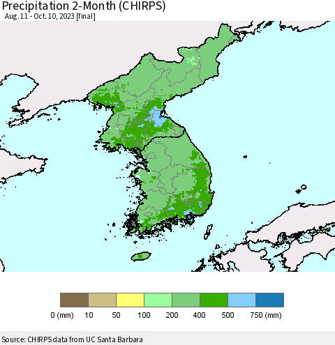Korea Precipitation 2-Month (CHIRPS) Thematic Map For 8/11/2023 - 10/10/2023