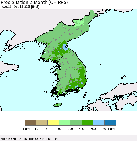 Korea Precipitation 2-Month (CHIRPS) Thematic Map For 8/16/2023 - 10/15/2023
