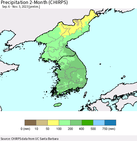 Korea Precipitation 2-Month (CHIRPS) Thematic Map For 9/6/2023 - 11/5/2023