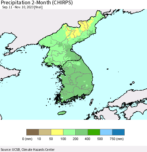 Korea Precipitation 2-Month (CHIRPS) Thematic Map For 9/11/2023 - 11/10/2023