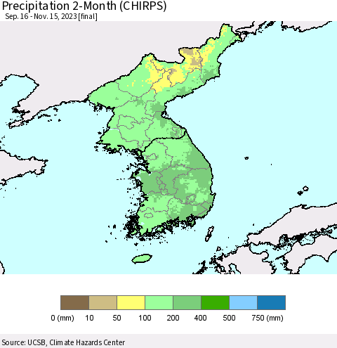 Korea Precipitation 2-Month (CHIRPS) Thematic Map For 9/16/2023 - 11/15/2023