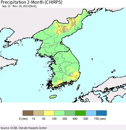 Korea Precipitation 2-Month (CHIRPS) Thematic Map For 9/21/2023 - 11/20/2023