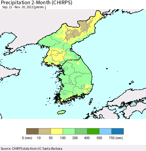 Korea Precipitation 2-Month (CHIRPS) Thematic Map For 9/21/2023 - 11/20/2023