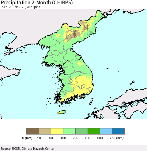Korea Precipitation 2-Month (CHIRPS) Thematic Map For 9/26/2023 - 11/25/2023
