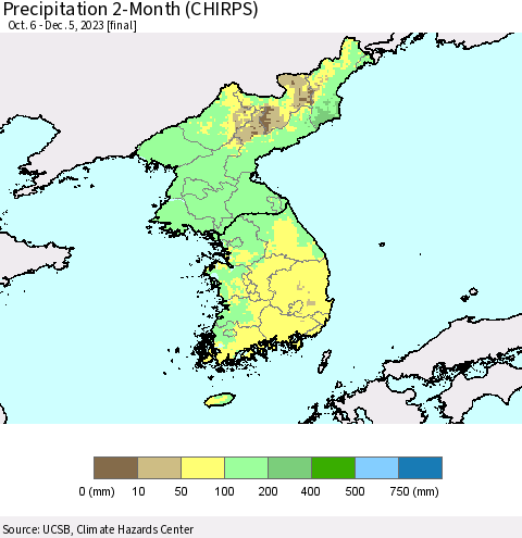 Korea Precipitation 2-Month (CHIRPS) Thematic Map For 10/6/2023 - 12/5/2023