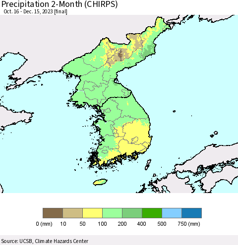 Korea Precipitation 2-Month (CHIRPS) Thematic Map For 10/16/2023 - 12/15/2023