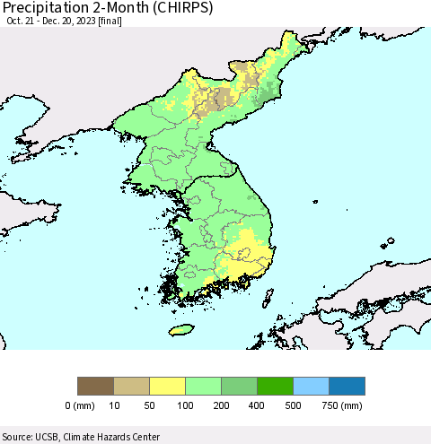 Korea Precipitation 2-Month (CHIRPS) Thematic Map For 10/21/2023 - 12/20/2023