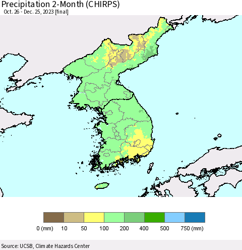 Korea Precipitation 2-Month (CHIRPS) Thematic Map For 10/26/2023 - 12/25/2023