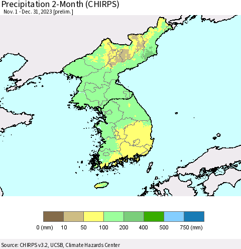 Korea Precipitation 2-Month (CHIRPS) Thematic Map For 11/1/2023 - 12/31/2023