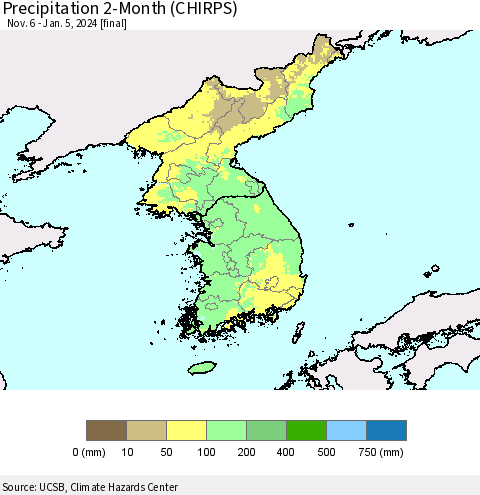 Korea Precipitation 2-Month (CHIRPS) Thematic Map For 11/6/2023 - 1/5/2024