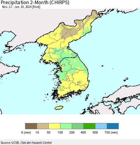 Korea Precipitation 2-Month (CHIRPS) Thematic Map For 11/11/2023 - 1/10/2024