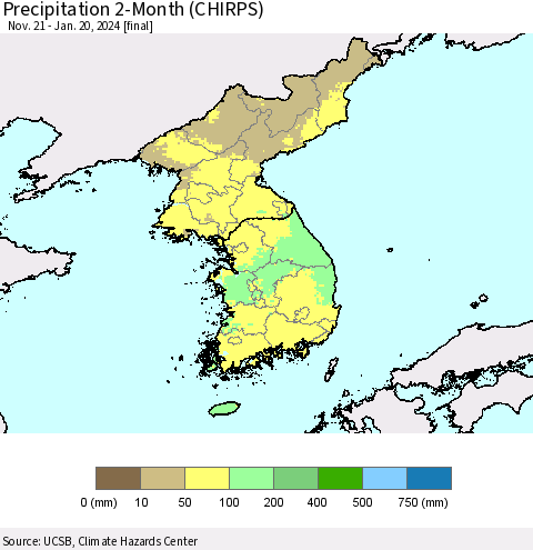 Korea Precipitation 2-Month (CHIRPS) Thematic Map For 11/21/2023 - 1/20/2024