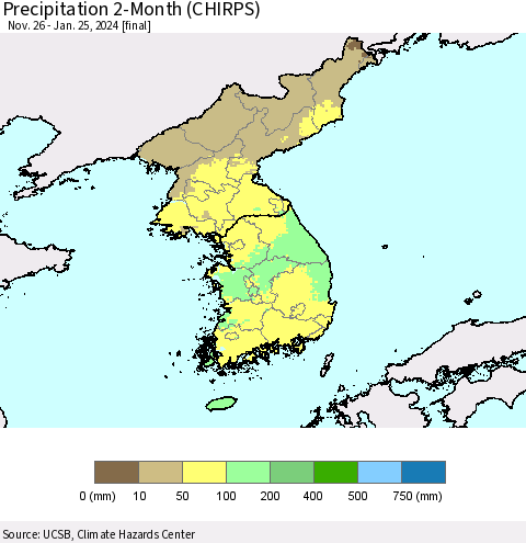 Korea Precipitation 2-Month (CHIRPS) Thematic Map For 11/26/2023 - 1/25/2024