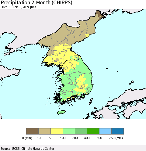Korea Precipitation 2-Month (CHIRPS) Thematic Map For 12/6/2023 - 2/5/2024