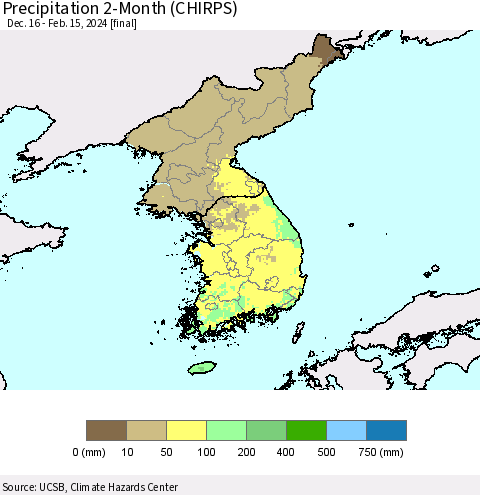 Korea Precipitation 2-Month (CHIRPS) Thematic Map For 12/16/2023 - 2/15/2024