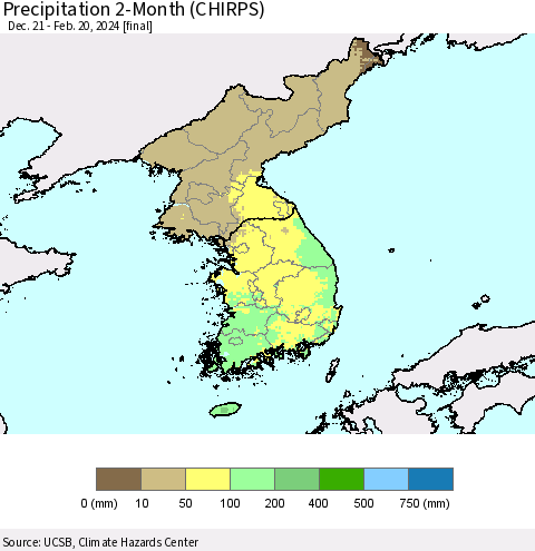 Korea Precipitation 2-Month (CHIRPS) Thematic Map For 12/21/2023 - 2/20/2024