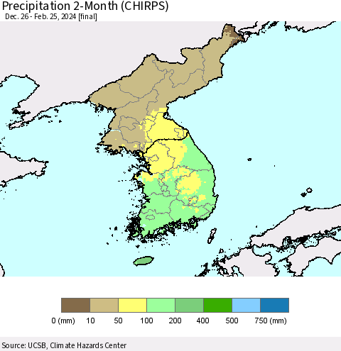 Korea Precipitation 2-Month (CHIRPS) Thematic Map For 12/26/2023 - 2/25/2024
