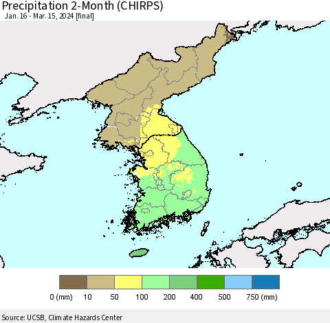 Korea Precipitation 2-Month (CHIRPS) Thematic Map For 1/16/2024 - 3/15/2024
