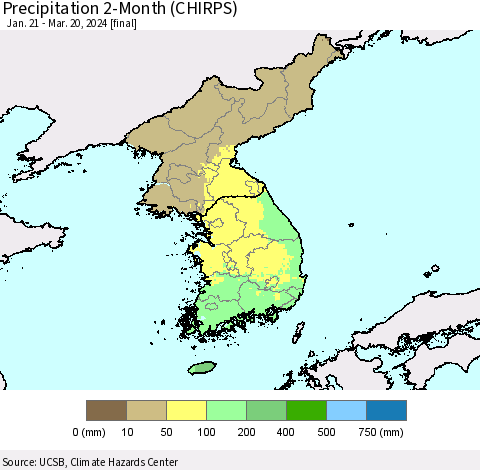 Korea Precipitation 2-Month (CHIRPS) Thematic Map For 1/21/2024 - 3/20/2024