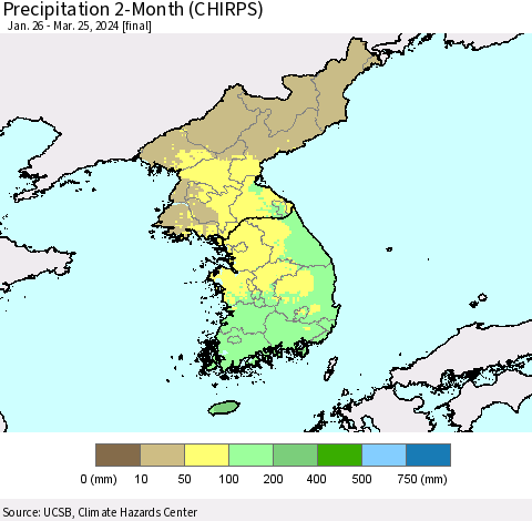 Korea Precipitation 2-Month (CHIRPS) Thematic Map For 1/26/2024 - 3/25/2024