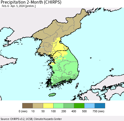 Korea Precipitation 2-Month (CHIRPS) Thematic Map For 2/6/2024 - 4/5/2024