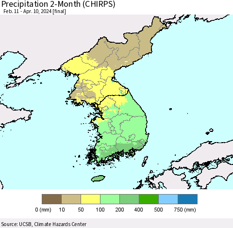Korea Precipitation 2-Month (CHIRPS) Thematic Map For 2/11/2024 - 4/10/2024