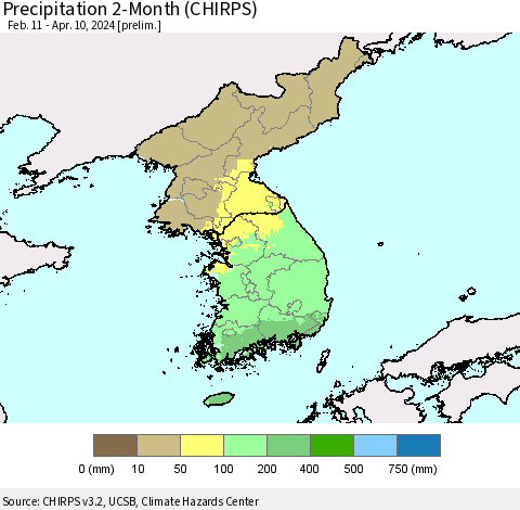 Korea Precipitation 2-Month (CHIRPS) Thematic Map For 2/11/2024 - 4/10/2024